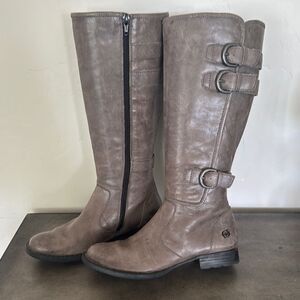 Born Women's Tall Knee High Ash Leather Boots Riding Boho Buckle Size 6.5 EUC